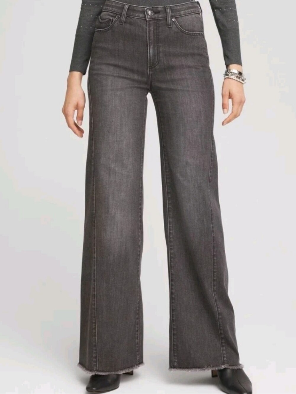 Chicos Wide Leg Frayed Hem Jeans US 8 Black Gray Wash NEW